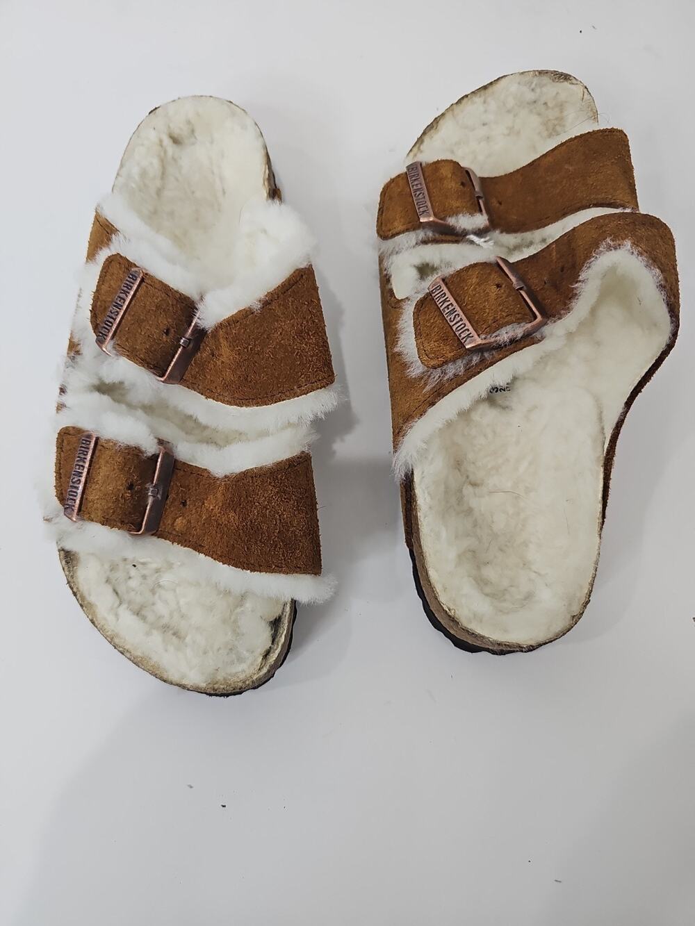 Birkenstock Brown Suede Shearling-Lined Two-Strap Sandals
